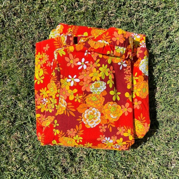 Vintage Hawaiian Barkcloth Floral Ruffle Robe Mod Dayglow Retro Neon Small READ - Picture 10 of 16